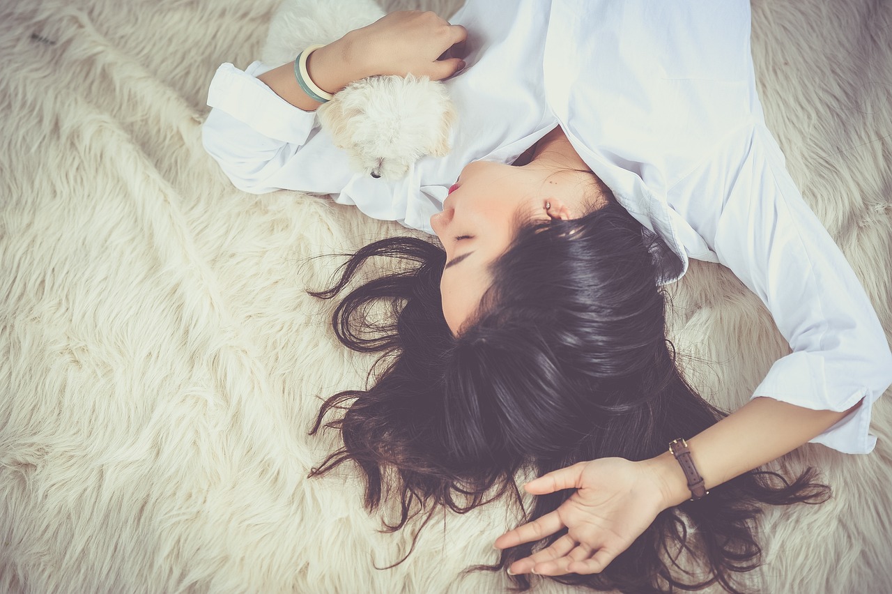 girl, sleep, lying down, dog, pet, owner, asian, asian woman, young woman, upside down, asleep, sleeping, sleeping woman, female, woman, dreaming, animal, portrait, resting, relax, dream
